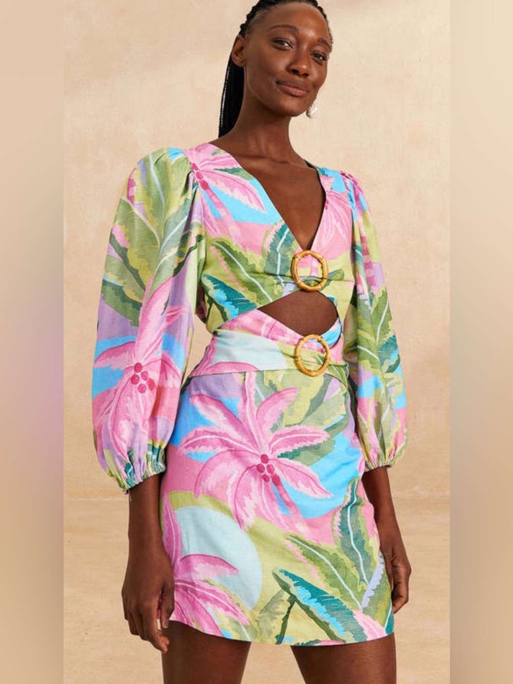 FARM Rio Pink, Blue & Green Tropical Cutout Mini Dress